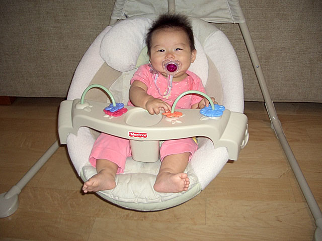 A baby in a fisher price baby swing