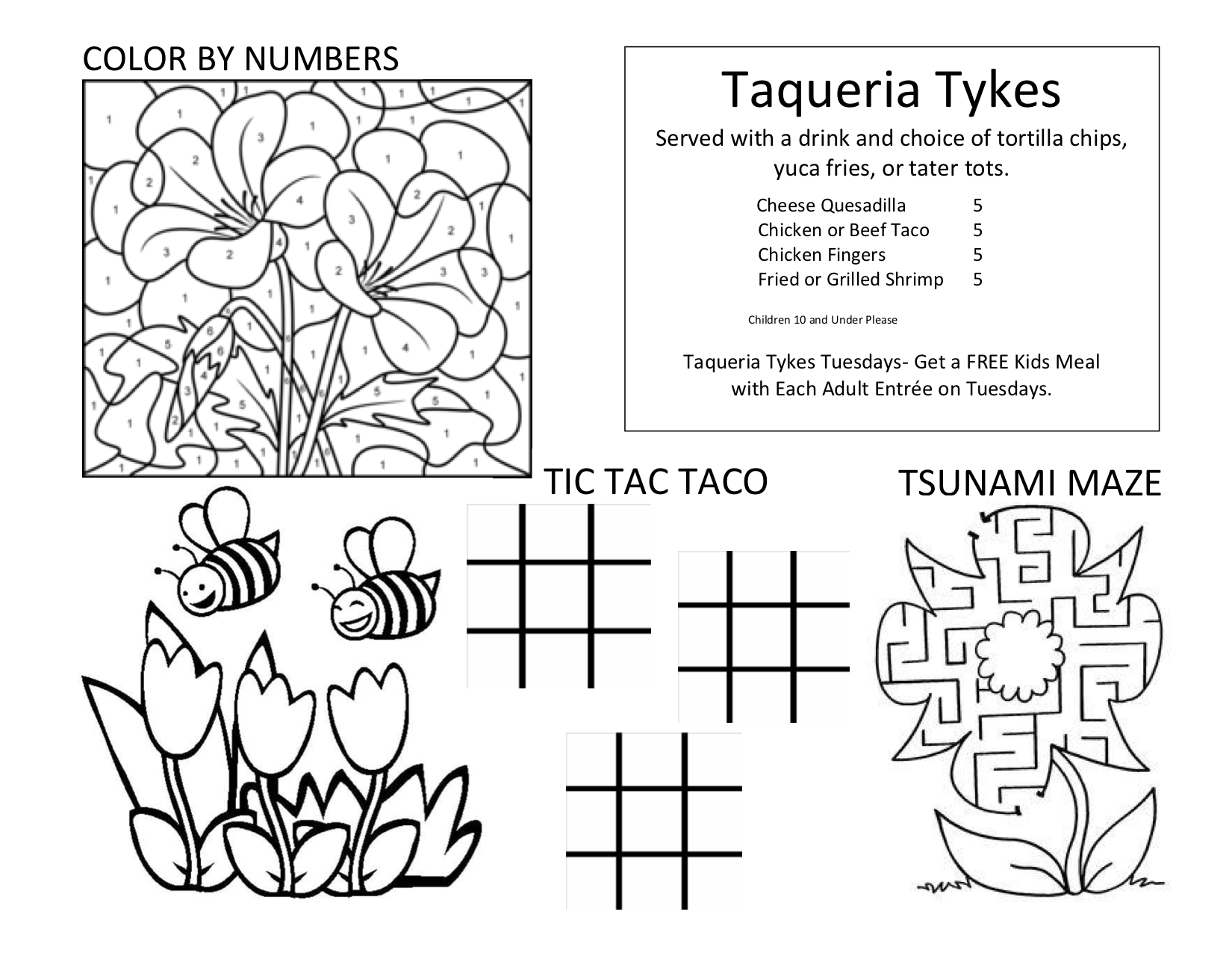 Kids menu and activities from Taqueria Tsunami
