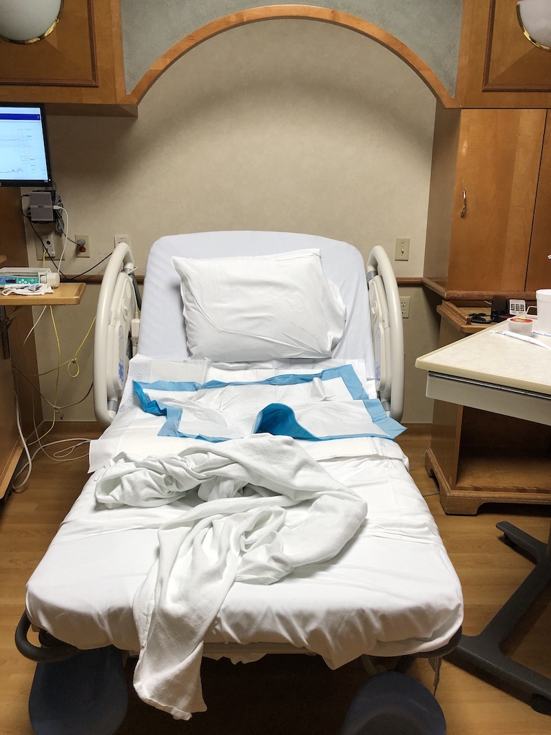 Hospital bed in labor and delivery room